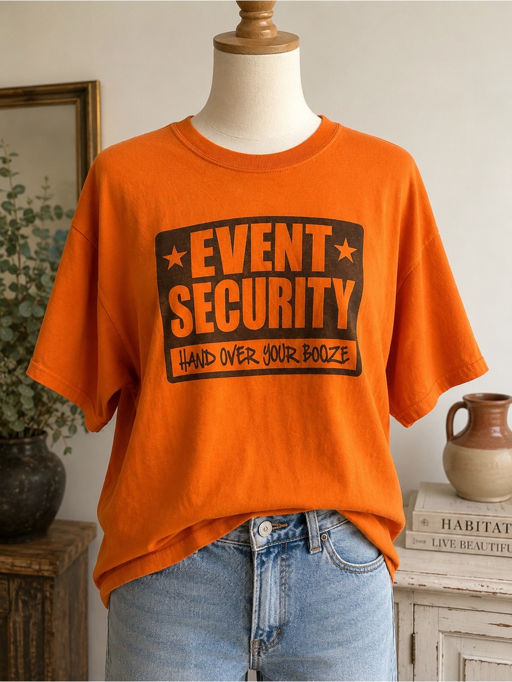 Event Security Hand Over Your Booze Graphic T-Shirt Orange Men’s Large Funny Tee